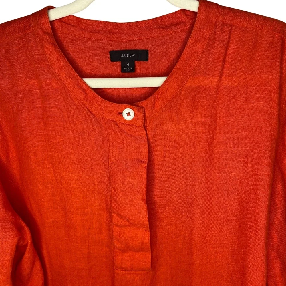J.Crew Womens Orange 100% Linen Band Collar 3/4‎ Sleeve Tunic Blouse Medium
